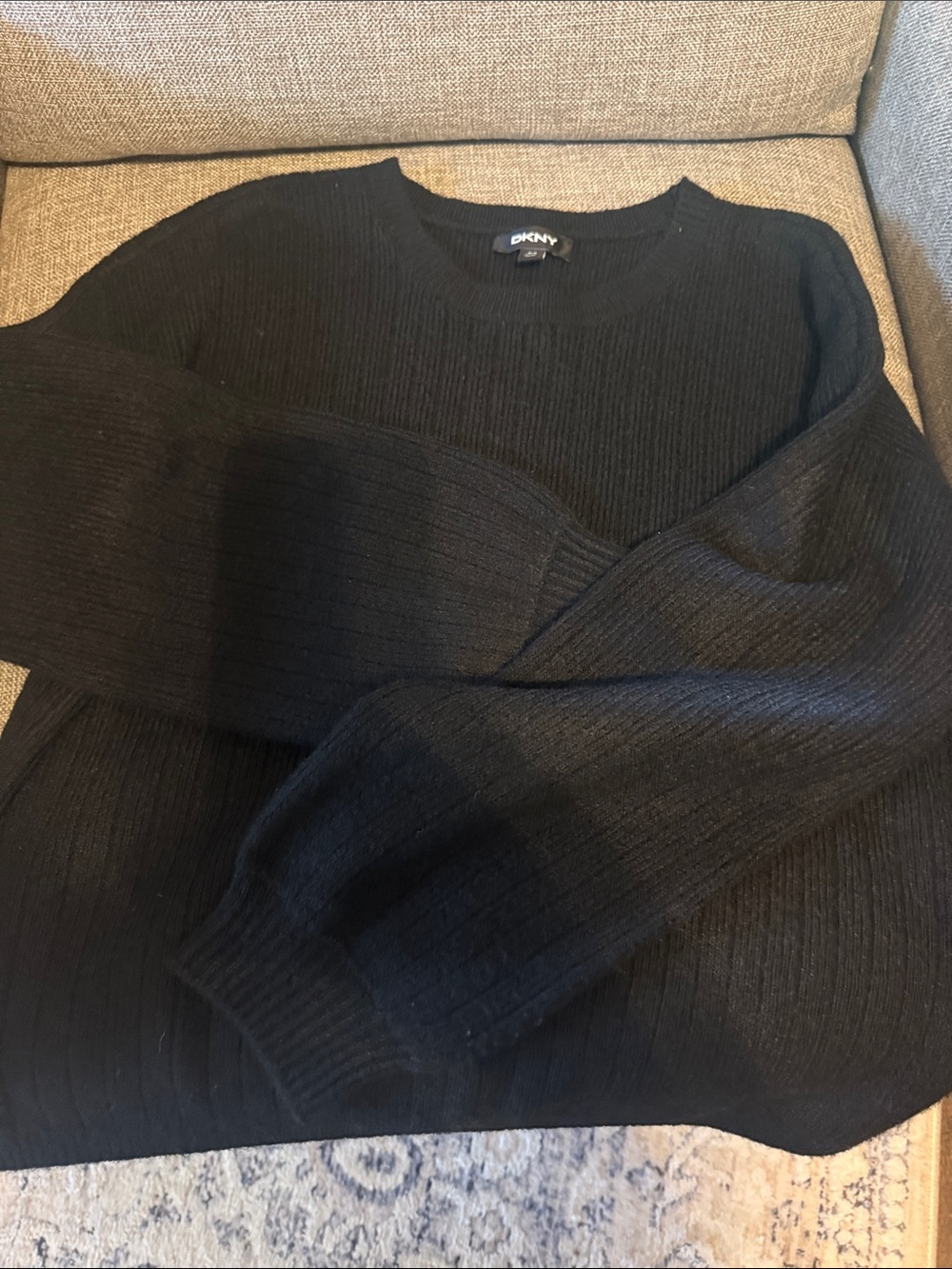 DKNY Ladies Black Ribbed Crewneck Pullover